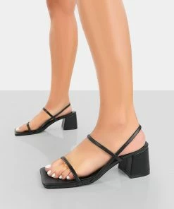Public Desire UK Just Realise Wide Fit Black PU Strappy Square Toe Mid Block Heeled Sandals NEW IN