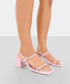 Public Desire UK Just Realise Pink PU Strappy Square Toe Mid Block Heeled Sandals