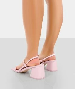 Public Desire UK Just Realise Pink PU Strappy Square Toe Mid Block Heeled Sandals