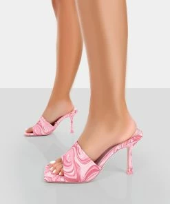 Public Desire UK Swirl Pink Print Square Toe Heeled Mules