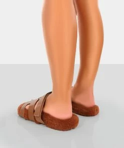 Public Desire UK Hot Fuzz Tan Borg Cut Out Flat Sandals FLATS