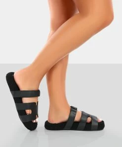 Public Desire UK Hot Fuzz Black Borg Cut Out Flat Sandals 7 Public Desire UK Hot Fuzz Black Borg Cut Out Flat Sandals
