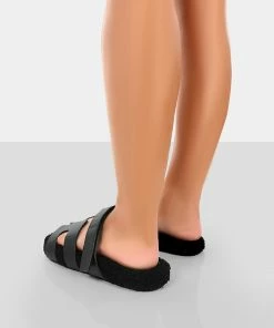 Public Desire UK Hot Fuzz Black Borg Cut Out Flat Sandals