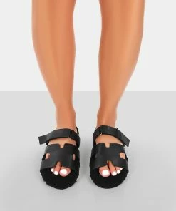 Public Desire UK Hot Fuzz Black Borg Cut Out Flat Sandals 6 Public Desire UK Hot Fuzz Black Borg Cut Out Flat Sandals