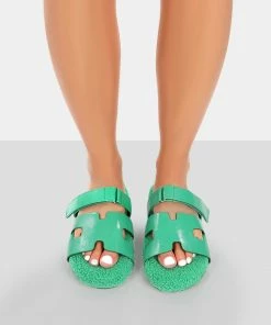 Public Desire UK Hot Fuzz Green Borg Cut Out Flat Sandals