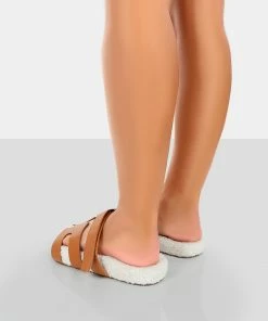 Public Desire UK Hot Fuzz Ecru Borg Cut Out Flat Sandals