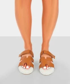 Public Desire UK Hot Fuzz Ecru Borg Cut Out Flat Sandals