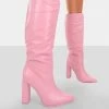 Public Desire UK Long Boots Far Away Pink Grain PU Square Toe Knee High Boots