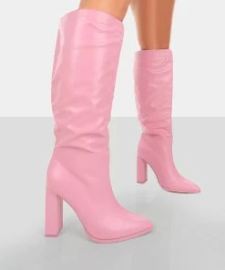 Public Desire UK Long Boots Far Away Pink Grain PU Square Toe Knee High Boots