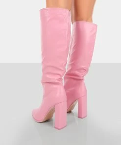 Public Desire UK Long Boots Far Away Pink Grain PU Square Toe Knee High Boots
