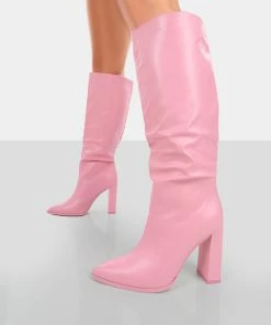 Public Desire UK Long Boots Far Away Pink Grain PU Square Toe Knee High Boots