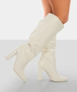 Public Desire UK Far Away Ecru Grain PU Square Toe Knee High Boots