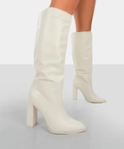 Public Desire UK Far Away Ecru Grain PU Square Toe Knee High Boots