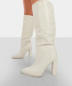 Public Desire UK Far Away Ecru Grain PU Square Toe Knee High Boots