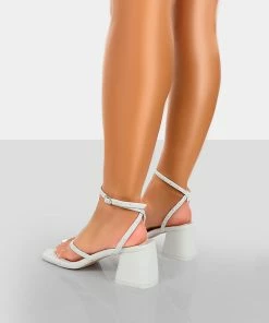 Public Desire UK NEW IN Zahra White PU Toe Thong Mid Block Heeled Sandals