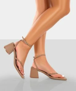 Public Desire UK Zahra Nude PU Toe Thong Mid Block Heeled Sandals NEW IN