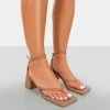Public Desire UK Zahra Nude PU Toe Thong Mid Block Heeled Sandals NEW IN