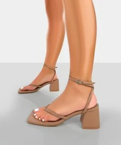 Public Desire UK Zahra Nude PU Toe Thong Mid Block Heeled Sandals NEW IN
