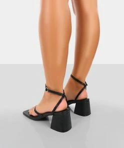 Public Desire UK NEW IN Zahra Black PU Toe Thong Mid Block Heeled Sandals