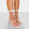 Public Desire UK NEW IN Chloe White Pu Strappy Square Toe Lace Up Heels
