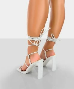 Public Desire UK NEW IN Chloe White Pu Strappy Square Toe Lace Up Heels