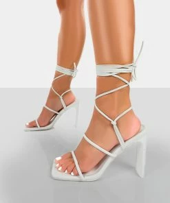 Public Desire UK NEW IN Chloe White Pu Strappy Square Toe Lace Up Heels