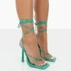 Public Desire UK Lacey Teal Patent Square Toe Strappy Lace Up Stiletto Heels