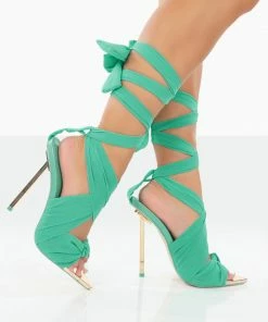 Public Desire UK Huni Teal Chiffon Ribbon Tie Up Gold Stiletto Heels