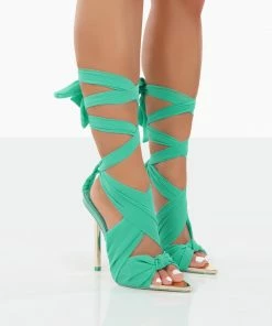 Public Desire UK Huni Teal Chiffon Ribbon Tie Up Gold Stiletto Heels