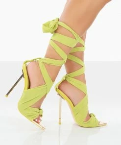 Public Desire UK Huni Green Chiffon Ribbon Tie Up Gold Stiletto Heels