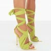 Public Desire UK Huni Green Chiffon Ribbon Tie Up Gold Stiletto Heels