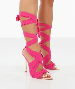 Public Desire UK Huni Pink Chiffon Ribbon Tie Up Gold Stiletto Heels