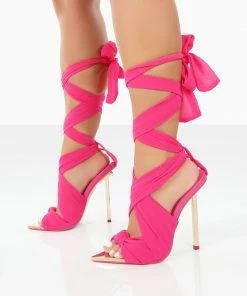 Public Desire UK Huni Pink Chiffon Ribbon Tie Up Gold Stiletto Heels