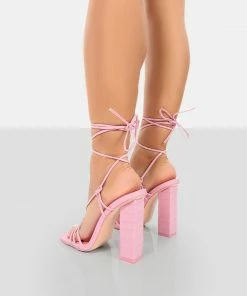 Public Desire UK Berry Pink Croc Square Toe Strappy Lace Up Block Heels