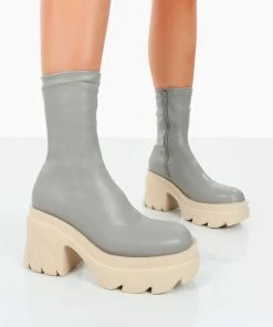Public Desire UK Jennie Grey Pu Chunky Sole Heeled Ankle Boots
