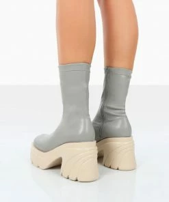 Public Desire UK Jennie Grey Pu Chunky Sole Heeled Ankle Boots
