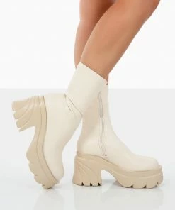 Public Desire UK Jennie Ecru Pu Chunky Sole Heeled Ankle Boots 7 Public Desire UK Jennie Ecru Pu Chunky Sole Heeled Ankle Boots