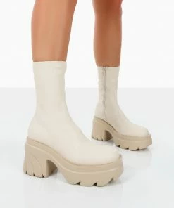 Public Desire UK Jennie Ecru Pu Chunky Sole Heeled Ankle Boots