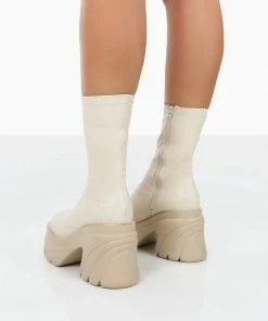 Public Desire UK Jennie Ecru Pu Chunky Sole Heeled Ankle Boots