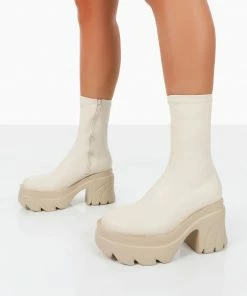 Public Desire UK Jennie Ecru Pu Chunky Sole Heeled Ankle Boots 6 Public Desire UK Jennie Ecru Pu Chunky Sole Heeled Ankle Boots