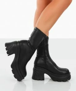 Public Desire UK Jennie Black Drench PU Chunky Sole Heeled Ankle Boots 5 Public Desire UK Jennie Black Drench PU Chunky Sole Heeled Ankle Boots