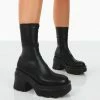 Public Desire UK Jennie Black Drench PU Chunky Sole Heeled Ankle Boots