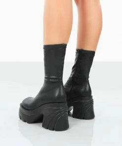 Public Desire UK Jennie Black Drench PU Chunky Sole Heeled Ankle Boots