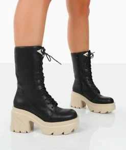 Public Desire UK Ever Black Beige Laced Chunky Green Sole Ankle Boots