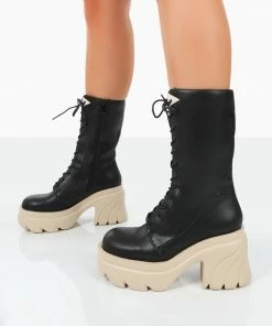 Public Desire UK Ever Black Beige Laced Chunky Green Sole Ankle Boots 7 Public Desire UK Ever Black Beige Laced Chunky Green Sole Ankle Boots