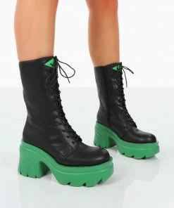 Public Desire UK Ever Black Green Laced Chunky Green Sole Ankle Boots