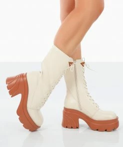 Public Desire UK Ever Beige Laced Chunky Sole Ankle Boots