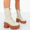 Public Desire UK Ever Beige Laced Chunky Sole Ankle Boots