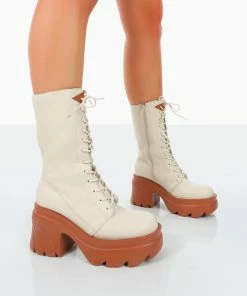 Public Desire UK Ever Beige Laced Chunky Sole Ankle Boots