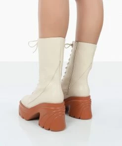 Public Desire UK Ever Beige Laced Chunky Sole Ankle Boots